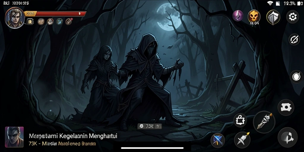 Screenshot gameplay 73K menampilkan suasana horor yang mencekam.