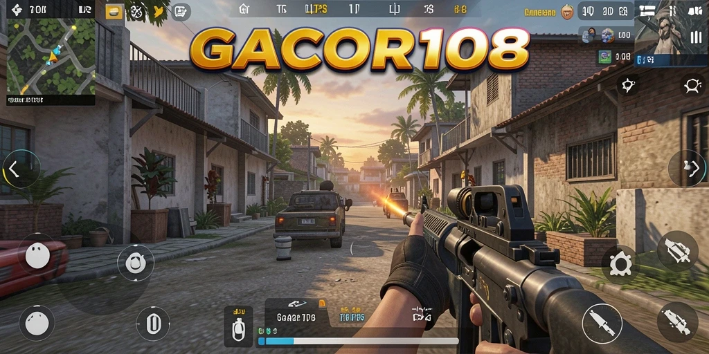 Screenshot gameplay GACOR108 menampilkan pertempuran seru di peta menakjubkan.