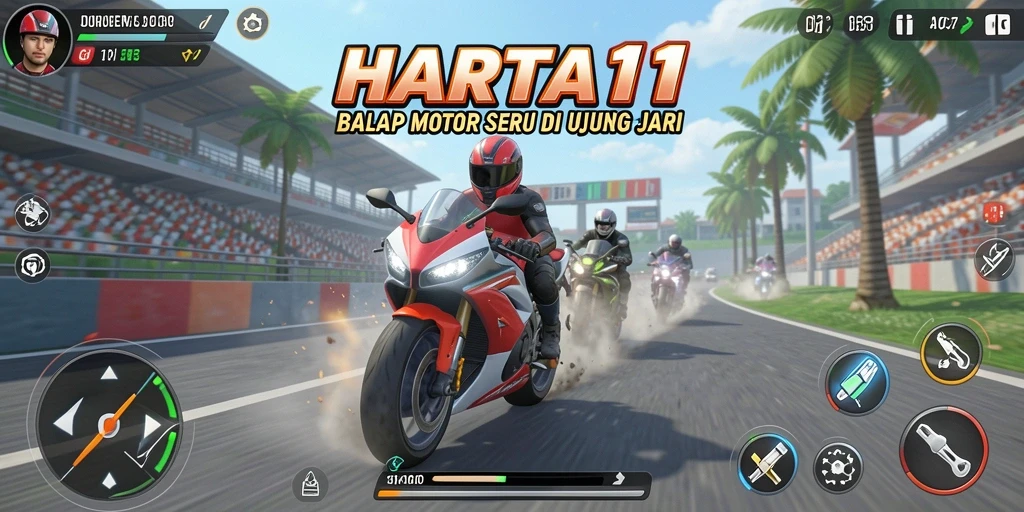 Gameplay seru HARTA11 dengan motor balap mendebarkan.