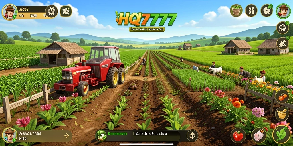 Tampilan gameplay HQ777 yang menampilkan lahan pertanian yang indah dan berwarna-warni.