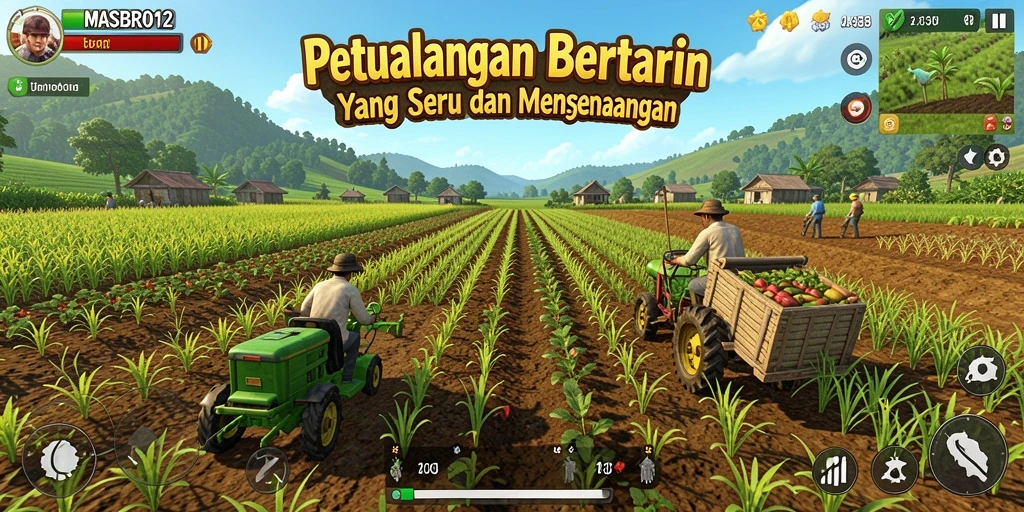 Tampilan gameplay <strong>MASBRO12</strong> yang menunjukkan aktivitas pertanian yang seru.