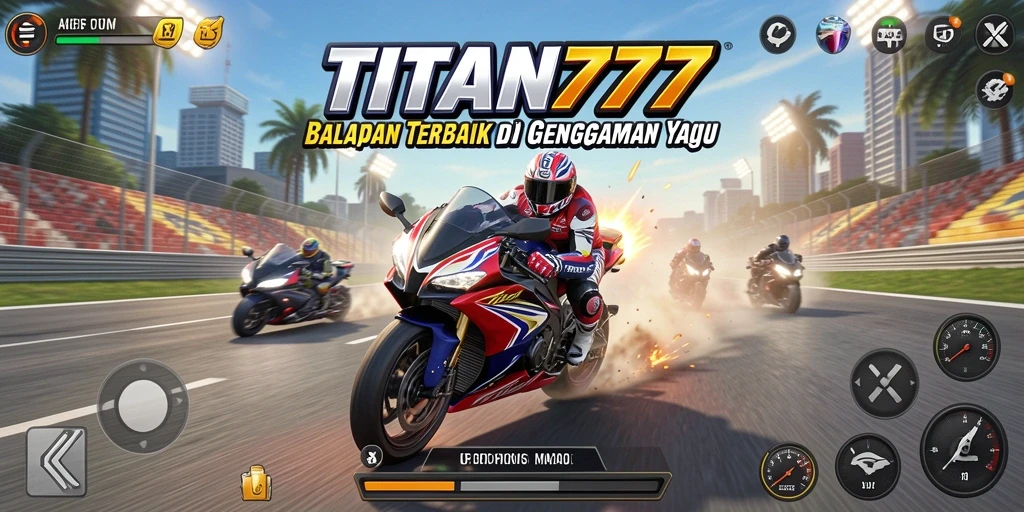 Screenshot permainan TITAN777 yang menampilkan aksi balapan motor yang mendebarkan.